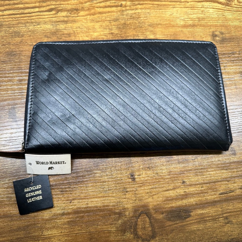 World Market Black Recycled Leather Travel Wallet Passport Organizer SKU 581511